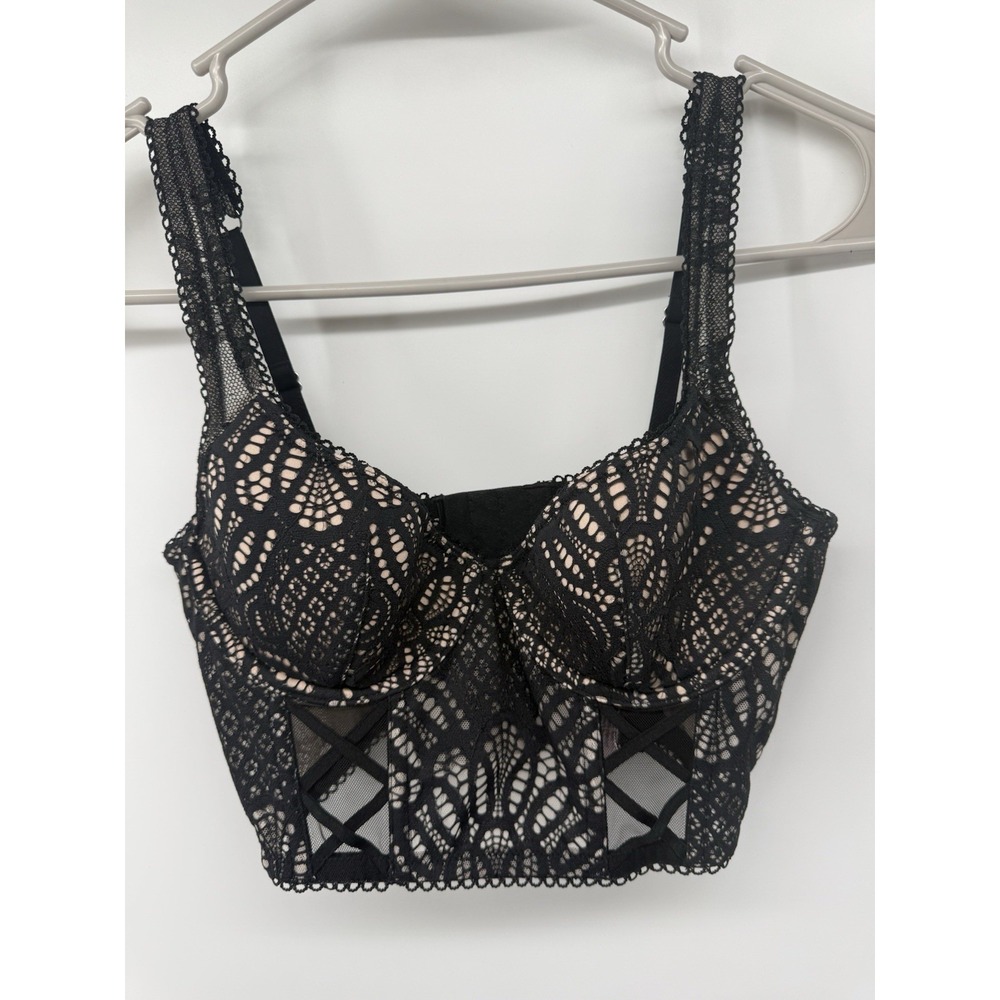 Victoria's Secret Dream Angels Black Lace Balconet Longline Bra 32C Bustier